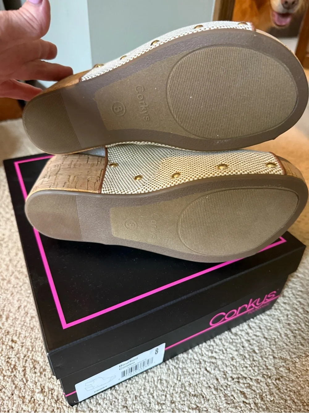 Cream Woven Cork Wedge Sandals with Stud Accents